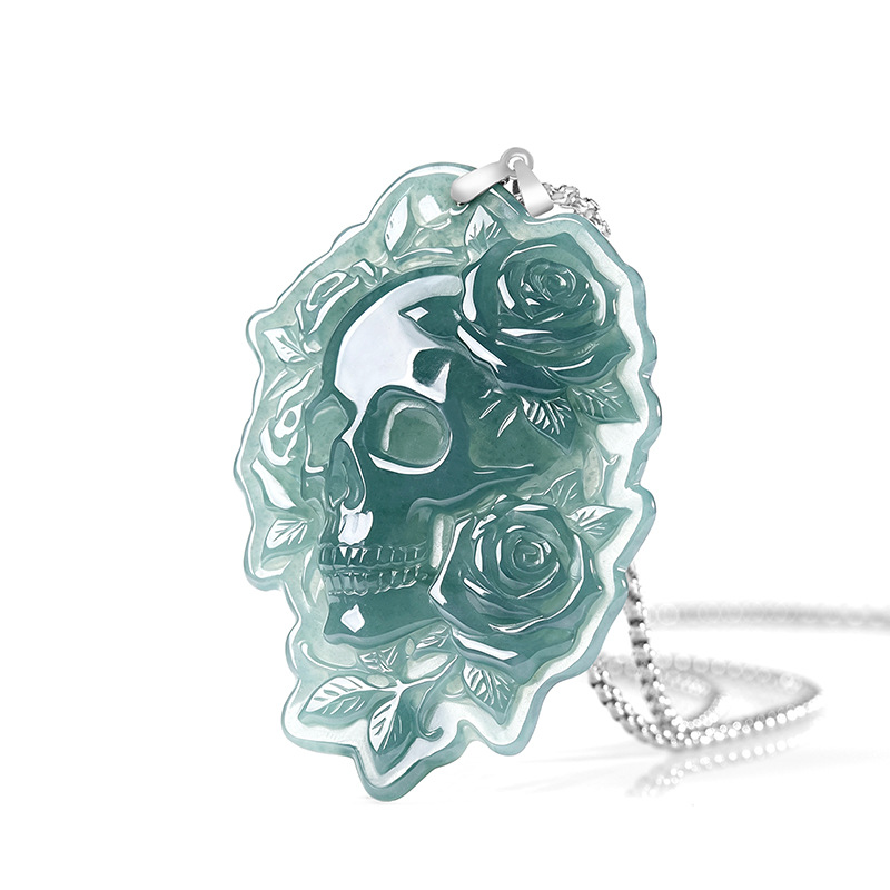 Vintage Fashion Necklace - Natural Burmese Jadeite Skull Pendant Necklace