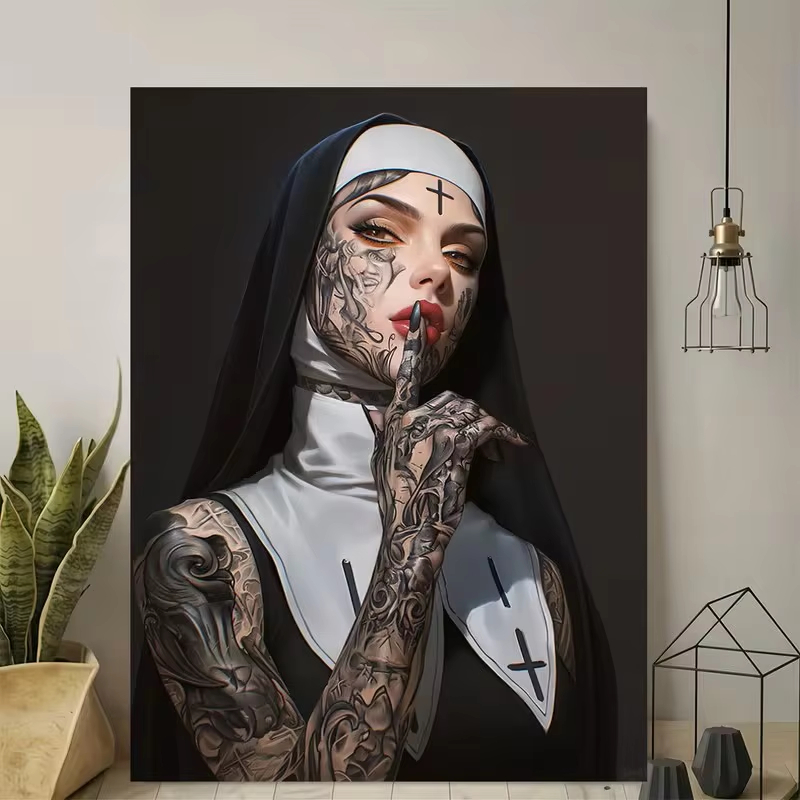 Fashion Girl Tattoo Nun Canvas - Vintage Fashion Photos 评论和价格