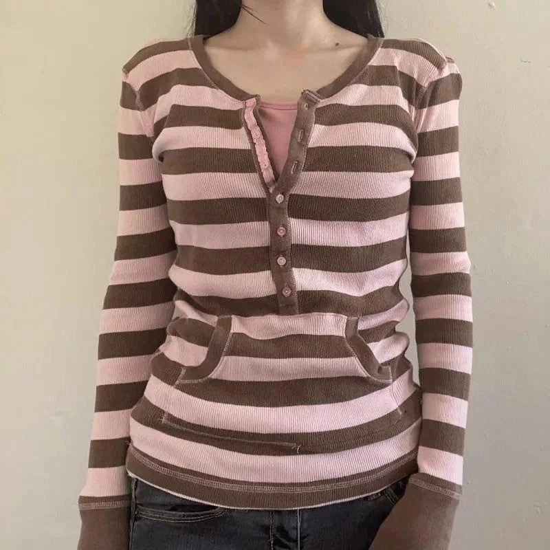 Winter T-shirt Stripe Fake 2Pi - Vintage Fashion Korea 评论和价格
