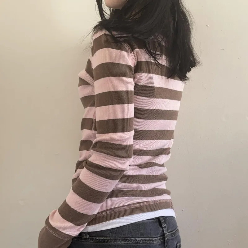 Winter T-shirt Stripe Fake 2Pi - Vintage Fashion Korea 评论和价格
