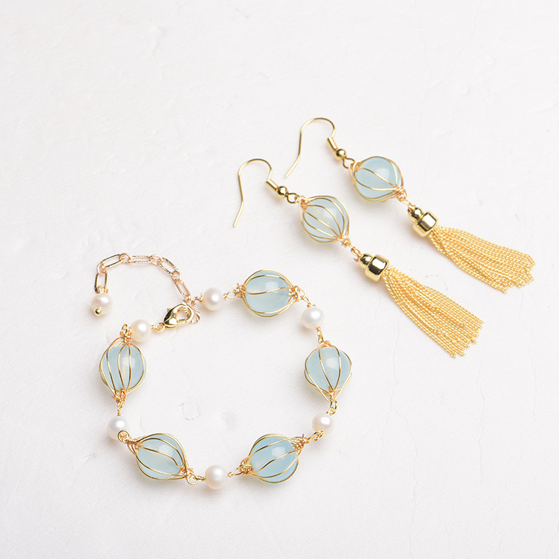 Blue Natural Jade Bead Earring - Vintage Fashion Design 评论和价格