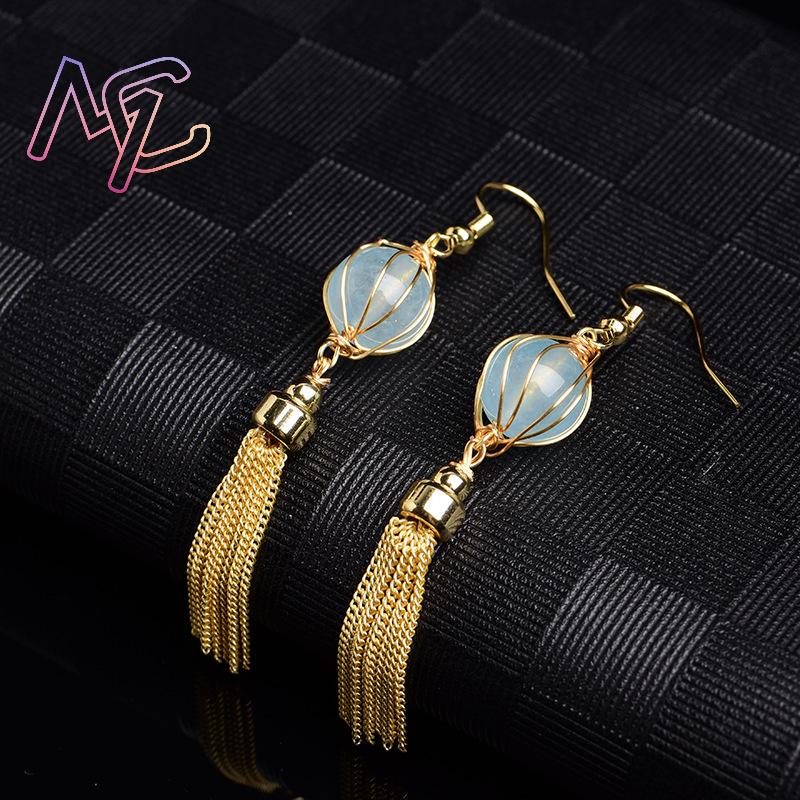 Blue Natural Jade Bead Earring - Vintage Fashion Design 评论和价格